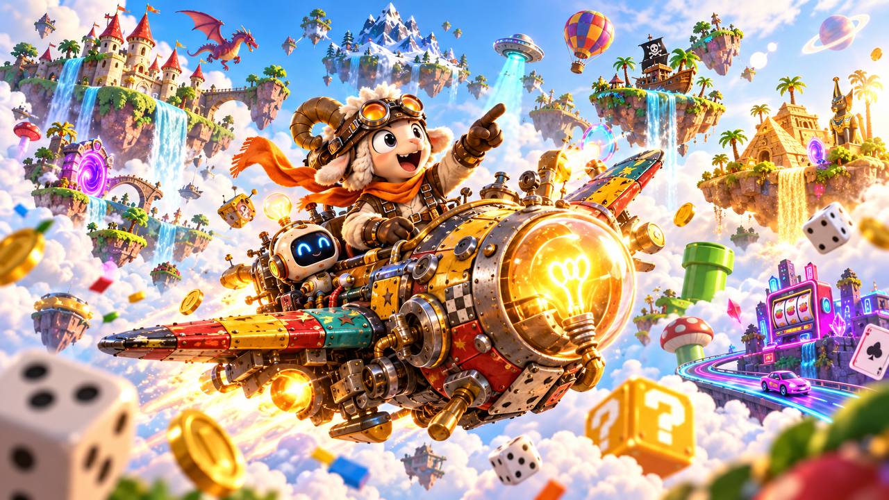 Our inventor and robot companion flying through a world of floating castles