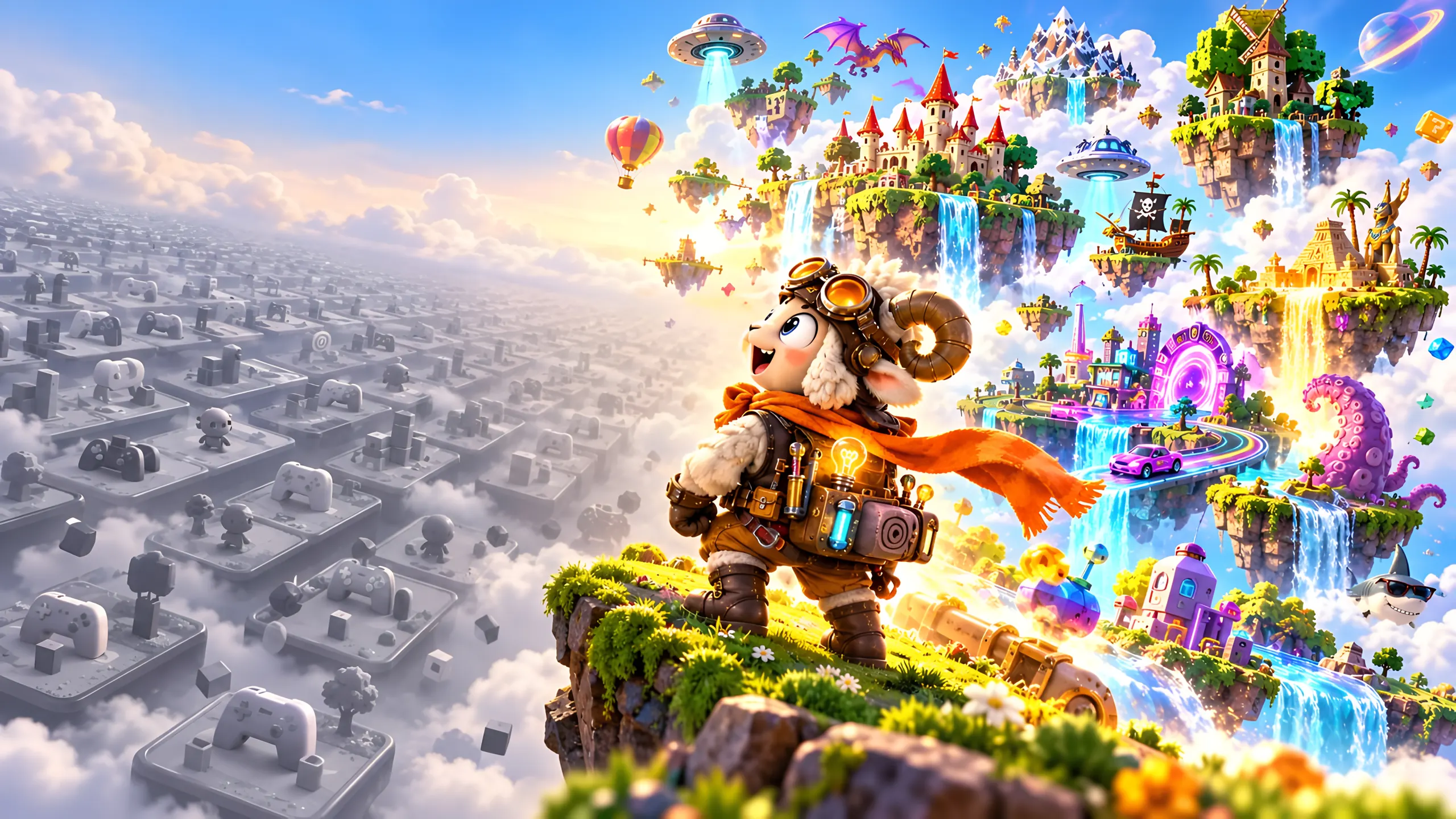 An inventor ram looking out over floating islands, castles and extraordinary game worlds